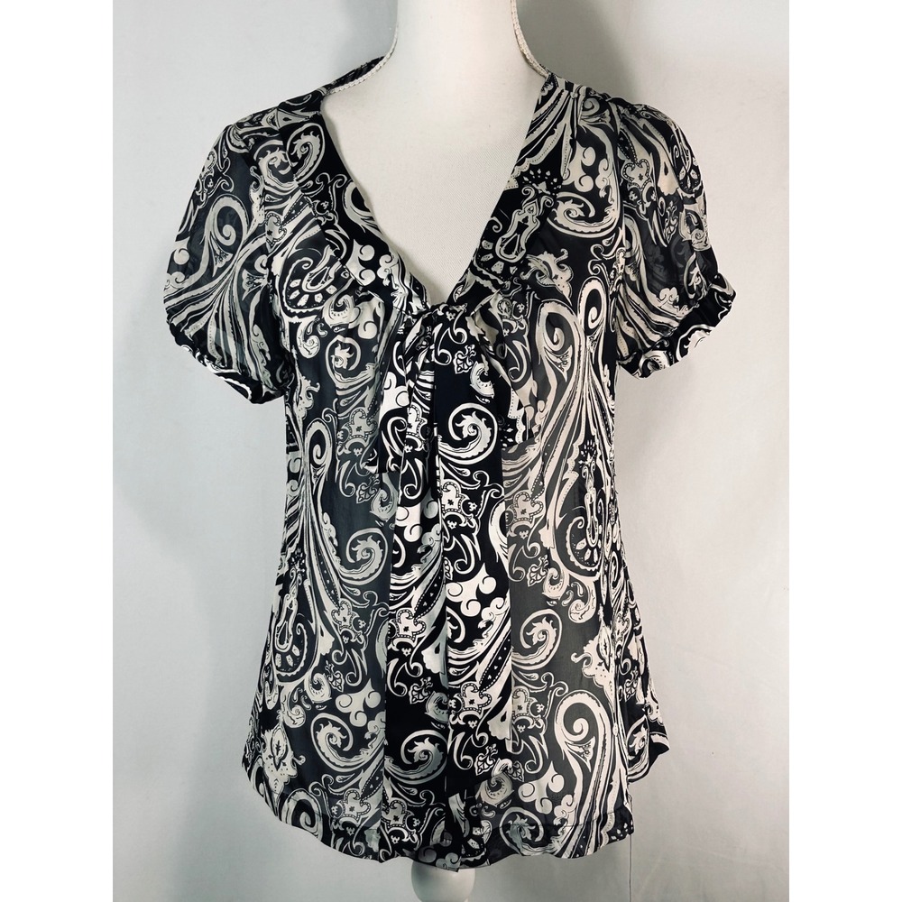 White House Black Market Black White Paisley Silk ‎ Tie Front Blouse Small